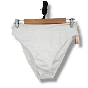 New Victoria's Secret White High Waisted Bikini‎ Bottoms Gold Logo Size Large